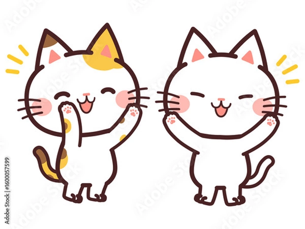 Obraz 飛んで喜ぶ猫のかわいいキャラクター　2匹　イラスト素材