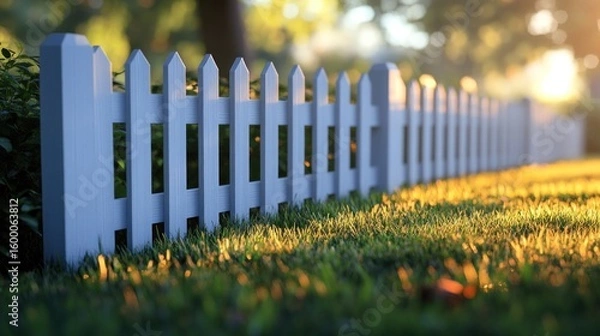 Fototapeta Tranquil white picket fence at sunrise