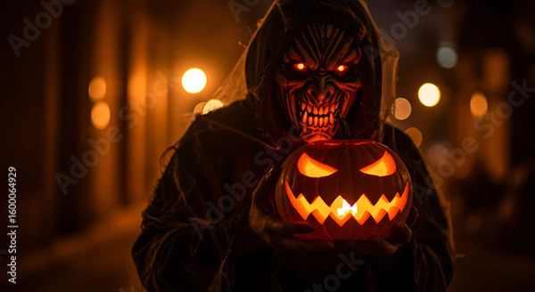 Obraz A menacing figure in tattered robes holds a glowing jack-o'-lantern. Its face is obscured by a nightmarish, glowing mask, creating a truly scary scene