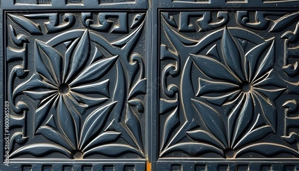 Fototapeta A basalt stone intricately carved with geometric designs highlig