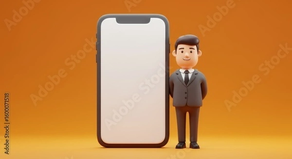 Fototapeta Businessman cartoon with smartphone on orange background for technology theme