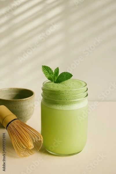 Fototapeta matcha mint jam jar cocktail with bamboo whisk and ceramic bowl in sunlit kitchen with space for text concept of modern drink ritual cafe design content