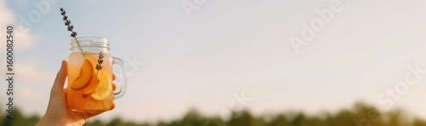 Fototapeta Banner hand holding jam jar cocktail with peach slices, ice cubes and lavender sprig against sky at sunset, with negative space on the right for text, concept of summer outdoor refreshment