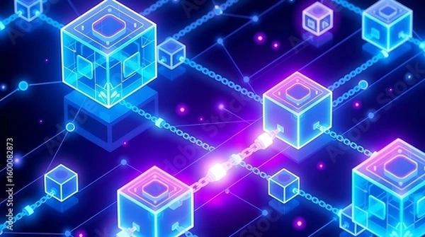 Fototapeta Digital block network showcases interconnected cubes in a luminous blue and purple glow representing modern technology and data transfer across systems.