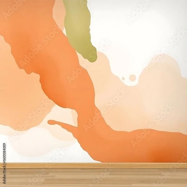 Fototapeta Abstract illustration showing flowing organic shapes in orange and green against a bright white background with a wooden floor for interior design concepts.