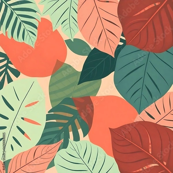 Fototapeta Tropical foliage artwork showcasing various leaf types in shades of green, teal, and coral on a light background, bringing a fresh, natural feel.