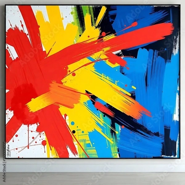 Fototapeta A modern abstract art featuring vibrant brushstrokes with a mix of red, yellow, and blue color palette, offering an energetic and eye-catching graphic for diverse applications.