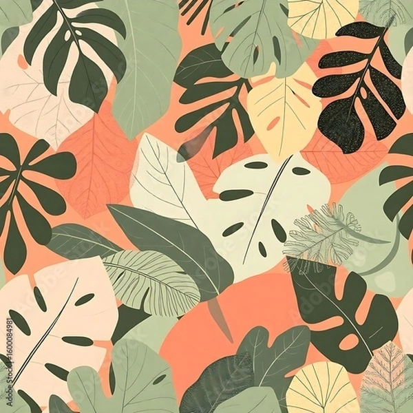 Fototapeta Artistic display of tropical leaves creates a captivating botanical motif perfect for backgrounds, textiles, or wallpaper with light pastel shades and unique textures.