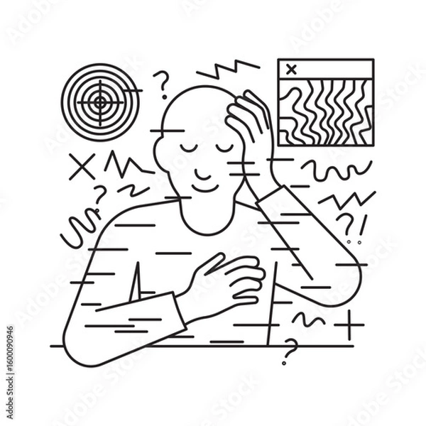 Fototapeta A person in creative chaos with question marks, depicting a crisis. Suitable for art blocks, problem-solving, and inspiration themes.