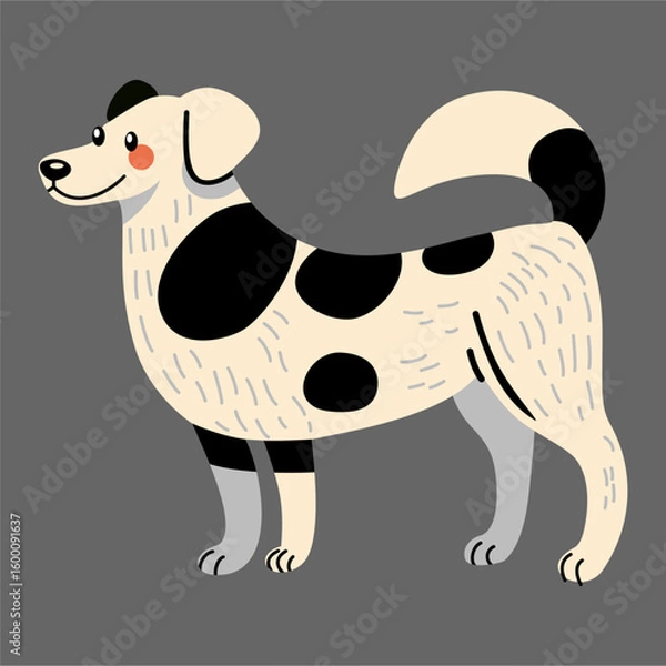 Fototapeta Smiling Cartoon Dog with Black Spots – Playful Vector Illustration on Gray Background