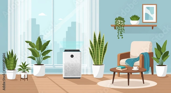 Fototapeta Modern living room with air purifier and plants, natural light from windows, city skyline view