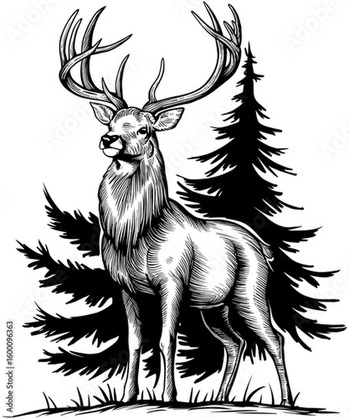 Obraz Stag Deer Vintage Rustic pine Tree