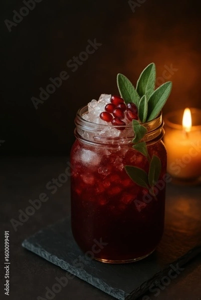 Fototapeta pomegranate sage jam jar cocktail on slate surface with candlelight and space for text concept of cozy bar branding autumn drink visuals