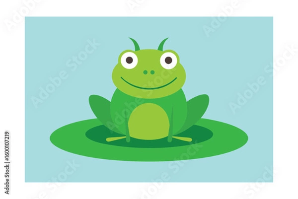 Fototapeta Cheerful Cartoon Frog On A Lily Pad Bright Green