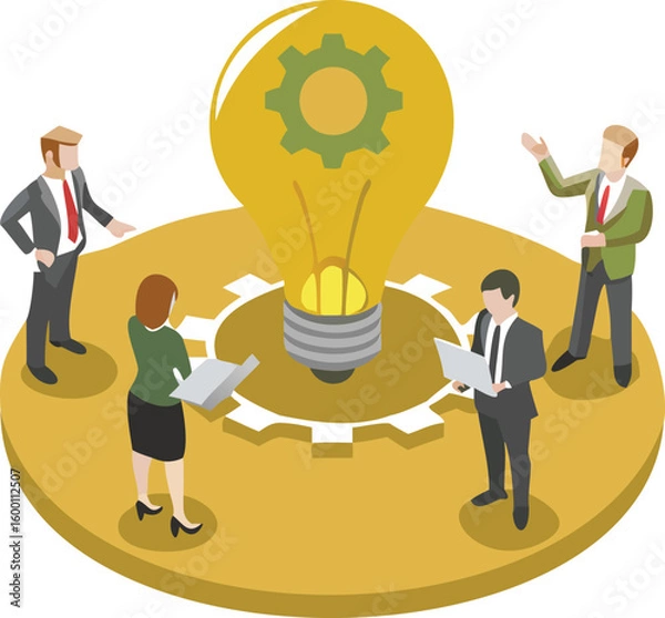 Fototapeta Isometric view of business team brainstorming with a light bulb and gear on a platform design