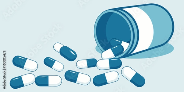 Fototapeta Colorful Pills and Capsules on Blue Background, Top-Down View