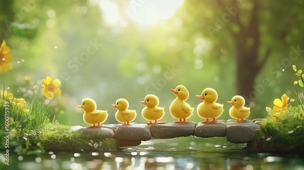 Fototapeta Yellow ducklings crossing a stone bridge in a lush garden