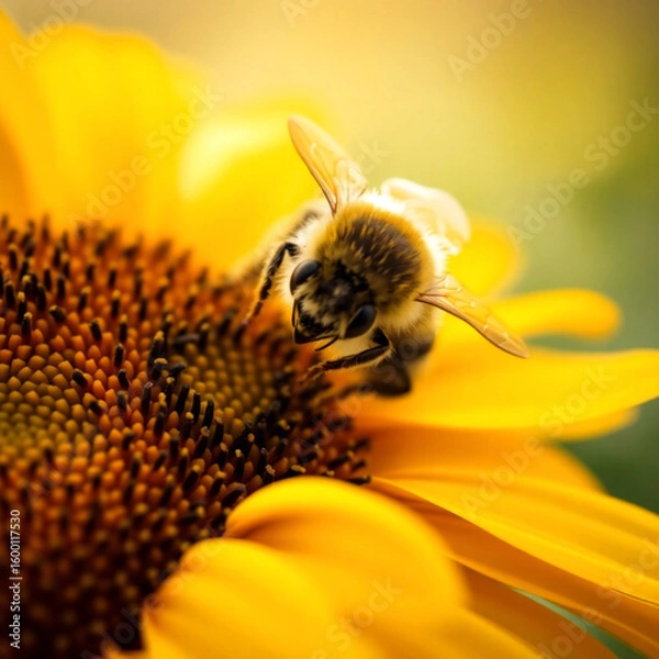 Fototapeta Detailed macro of a fuzzy yellow and black honeybee on light natural background  