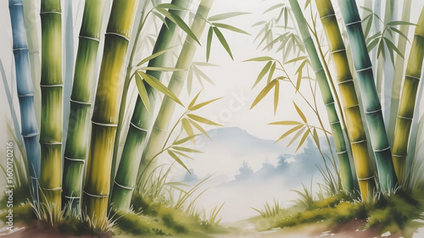 Fototapeta The watercolor painting features bamboo leaves and stalks in a serene, nature-inspired composition, with soft green, blue, and yellow tones, delicate brush strokes, and abstract background textures.