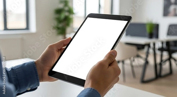 Fototapeta Hands holding a tablet with a blank white screen in an office setting