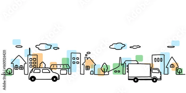 Obraz 車と街並みのシンプルな手描き線画イラスト　色付き