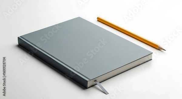 Fototapeta Simple Gray Notebook with Yellow Pencil on White Background (AI Generated)