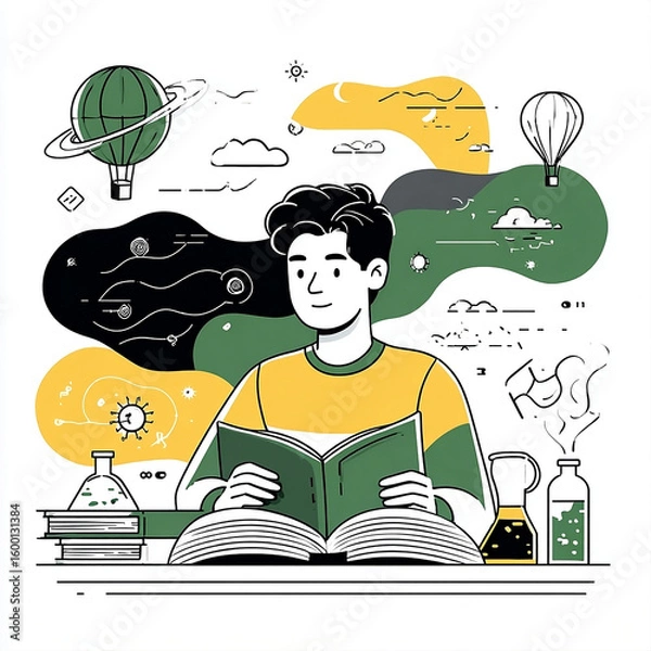Obraz Young Man Reading Textbook with Balloons and Science Elements