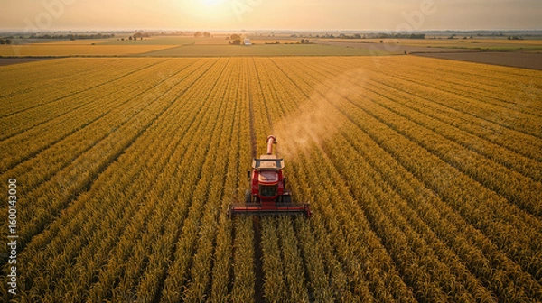 Fototapeta Top view of endless golden rice fields, harvesters, sunset.