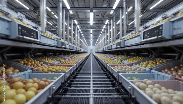Fototapeta Modern industrial storage facility with organized crates of fresh eggs arranged in rows under bright lighting, creating clean and efficient environment for food storage and distribution