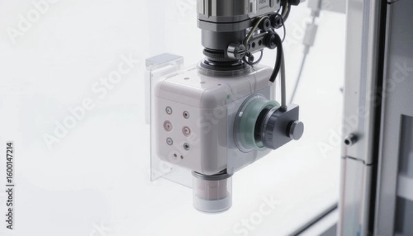 Fototapeta Close up of high tech microscope used in scientific research, with detailed lenses and control knobs, set against clean, white background, conveying precision and advanced technology