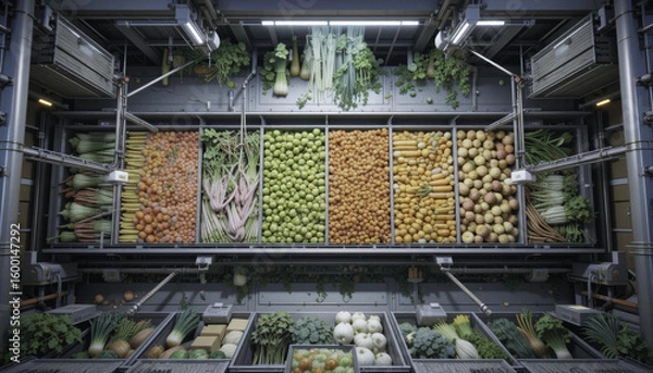 Fototapeta Display of fresh vegetables arranged modern automated storage system showcasing various types of produce including onions carrots lettuce and cabbages with bright lighting highlighting vibrant