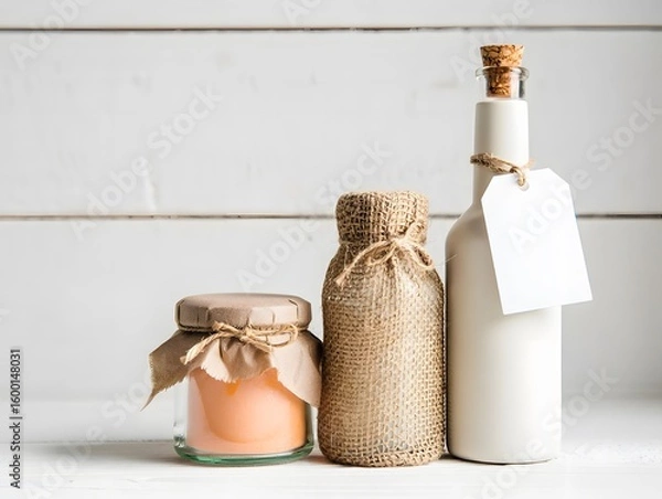 Fototapeta Still life of candle jar burlap wrapped bottle and white bottle with blank label