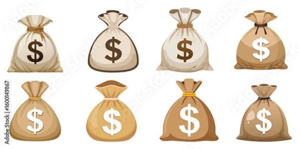 Fototapeta Collection of bags with dollar sings, isolated on white background. Vector illustration. 