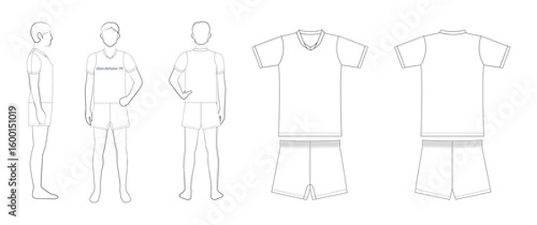 Obraz メンズバレーボールユニフォームのテンプレート（Vネック・前・後・横・平面図）
Men's Volleyball Uniform Template – V-Neck, Front, Back, Side & Flat Views