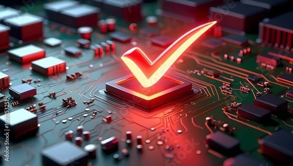 Obraz Circuit board check mark technology electronics validation quality assurance test ok