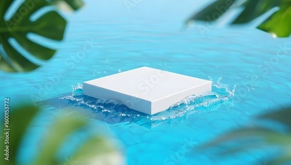 Fototapeta Product display podium on water surface with tropical leaves for summer presentation
