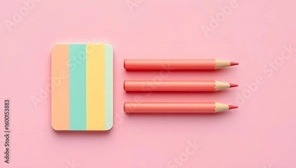 Fototapeta Pastel stationery flat lay pink background with pencils and eraser for design mockups