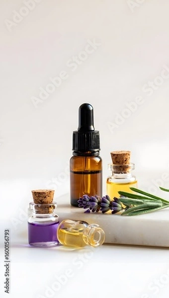 Fototapeta Aromatherapy essential oils bottles with lavender for wellness and skin care concept