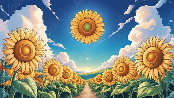 Fototapeta The image depicts a vibrant summer landscape with sunflowers blooming in the foreground, white clouds filling the background, and a distant horizon and ocean.