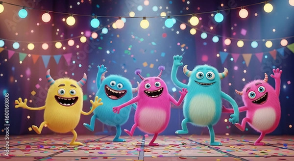 Obraz Four colorful, furry cartoon monsters dance joyfully at a monster mash. This vibrant and energetic party scene is filled with confetti and festive lights.