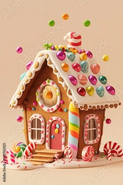 Obraz A charming gingerbread house adorned with vibrant candies and icing, perfect for holiday celebrations. This delightful creation captures the festive spirit.