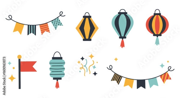 Fototapeta Festive Decoration Elements: Lanterns, Flags, Garlands