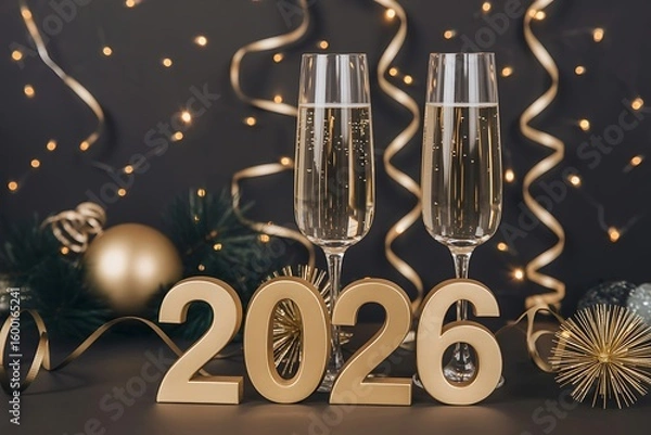Fototapeta Golden 2026 numbers with champagne flutes and festive decorations create a celebratory atmosphere for New Year's Eve