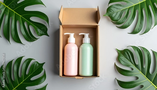 Fototapeta サステナブルな梱包デザイン｜モンステラの葉に囲まれたエコな段ボール箱とポンプボトル2本（ピンク・グリーン）｜自然派コスメや環境配慮商品に最適な構図
