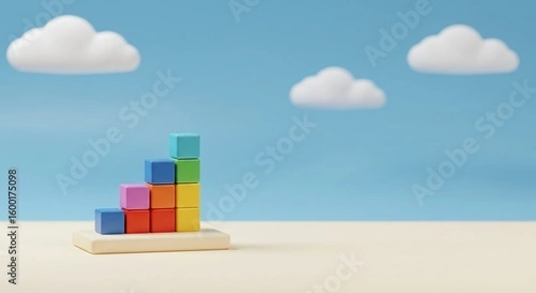 Fototapeta Playful Business Growth Chart with Building Blocks and Blue Sky