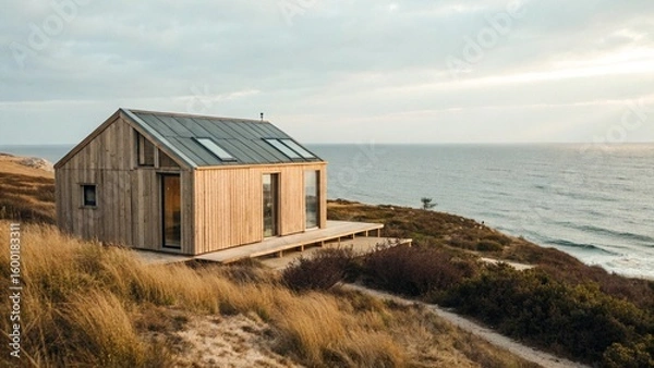 Fototapeta Minimalist Wooden Cabin on Coastal Bluff with Ocean View
Modern Eco-Friendly Tiny House by the Sea at Sunset
Serene Coastal Retreat: A Small Wooden Home Overlooking the Ocean