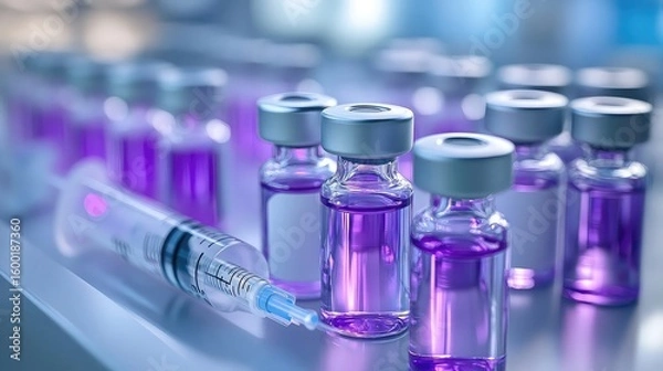 Obraz Vaccines and immunizations, vials with syringes, cold storage containers, healthcare protection, medical prevention, hospital supplies, immunology tools, clinical setting