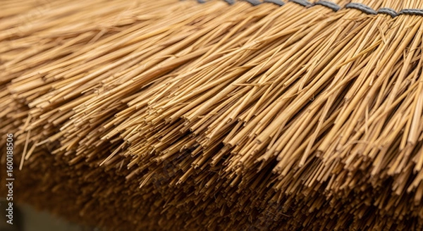 Fototapeta A close up view of a thatched roof showing the texture and pattern of the dried straw
