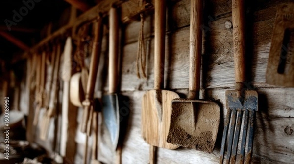 Obraz Rustic tools hanging on weathered wall