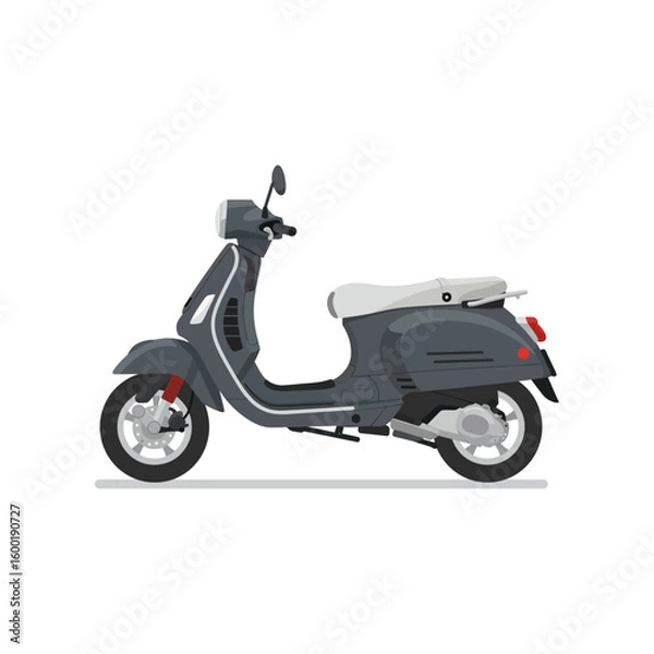 Fototapeta Flat Vector Illustration of Classic Dark Gray Scooter with White Seat and Clean Minimalist Design on White Background